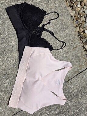 Reebok Racerback & Victorias Secret Pink Black Lace Sports Bra Set XS